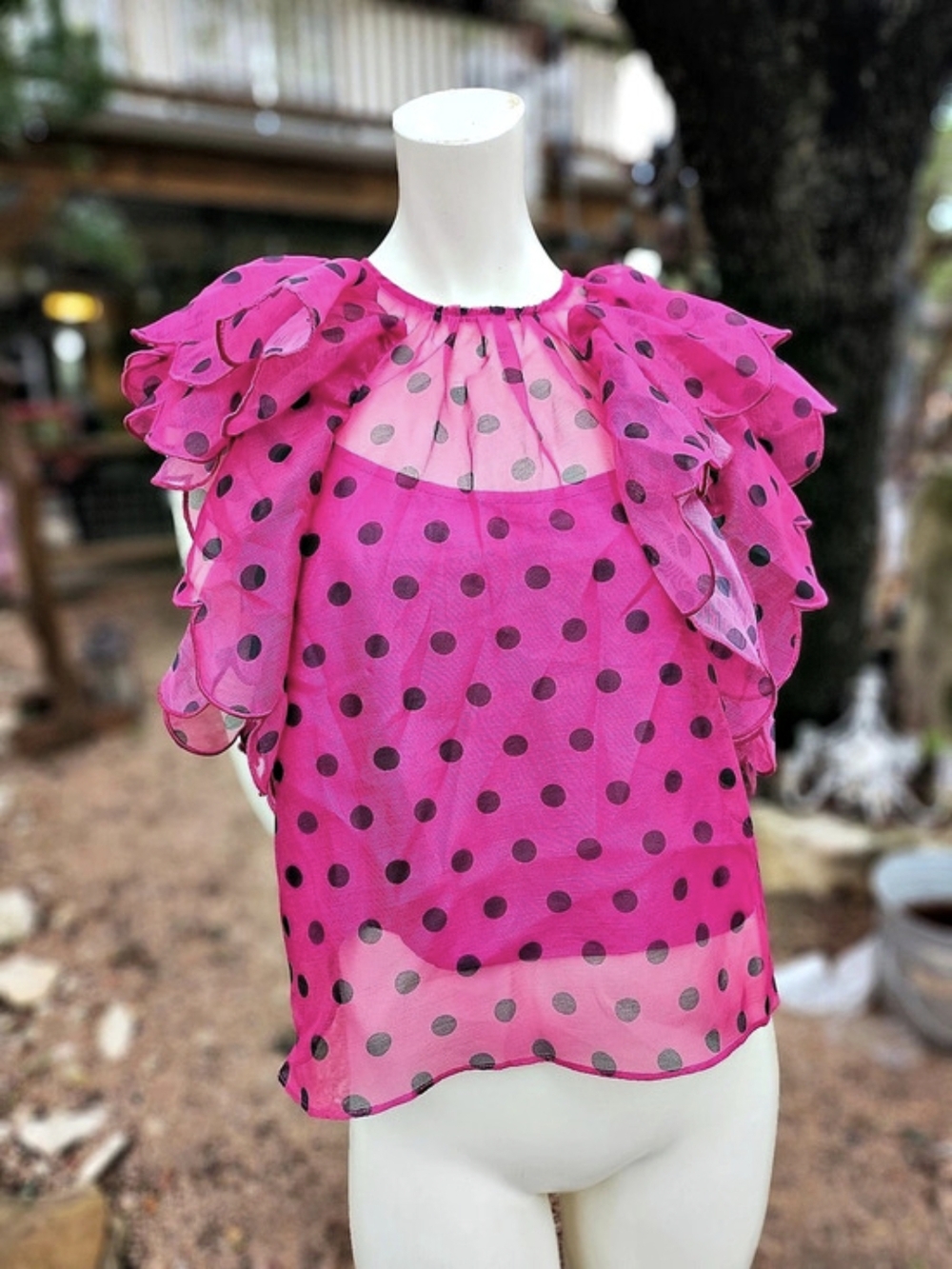 New W Tag INA Polka Dot Ruffle Blouse in Pink & Black Size Medium